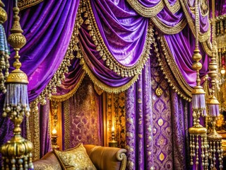 Fototapeta premium Vibrant purple and gold ornate fabric drapes with intricate patterns and beads create a lavish and opulent atmosphere in an exotic themed setting.