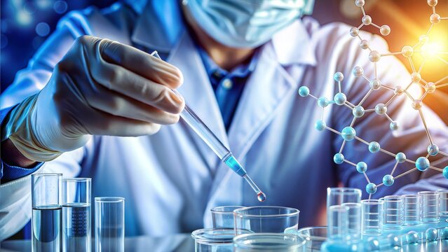 Scientist in a lab using pipette for chemical analysis and research with molecular structure background.
