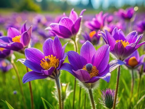 Vibrant purple eriz flowers bloom in a lush green meadow, capturing the essence of nature's beauty with delicate petals and stems swaying gently in the breeze.