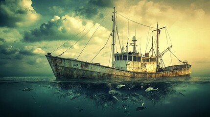 Fototapeta premium Weathered Fishing Boat on Calm Water at Dusk
