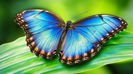 Obraz premium Vibrant Blue Morpho Butterfly on Green Leaf