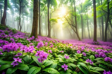Vibrant purple Shamale flowers bloom on a misty Asian forest floor, surrounded by lush green foliage and soft, filtered natural light.