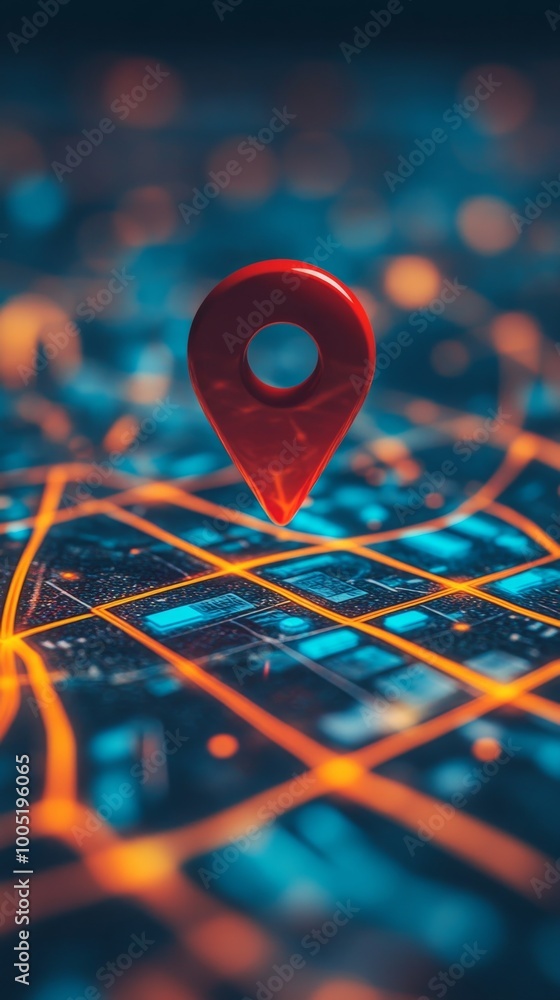 Poster digital map with red location pin on illuminated grid, futuristic navigation concept