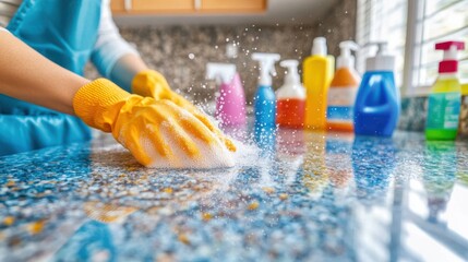 Close-up of hands in gloves scrubbing a kitchen countertop with colorful cleaning products nearby