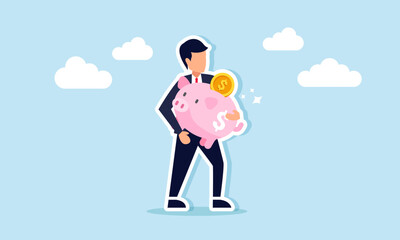 A businessman carrying a shining piggy bank, an illustration of the strong performance and increasing value of investment assets and capital gains.