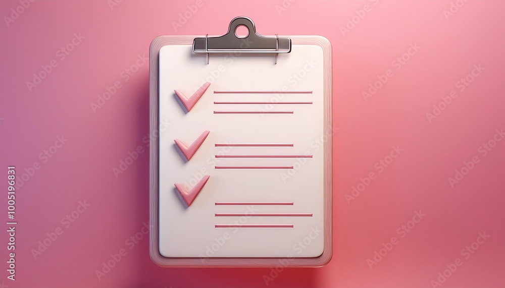 Poster a clipboard with checkmarks sits against a pink background, symbolizing task completion and organiza