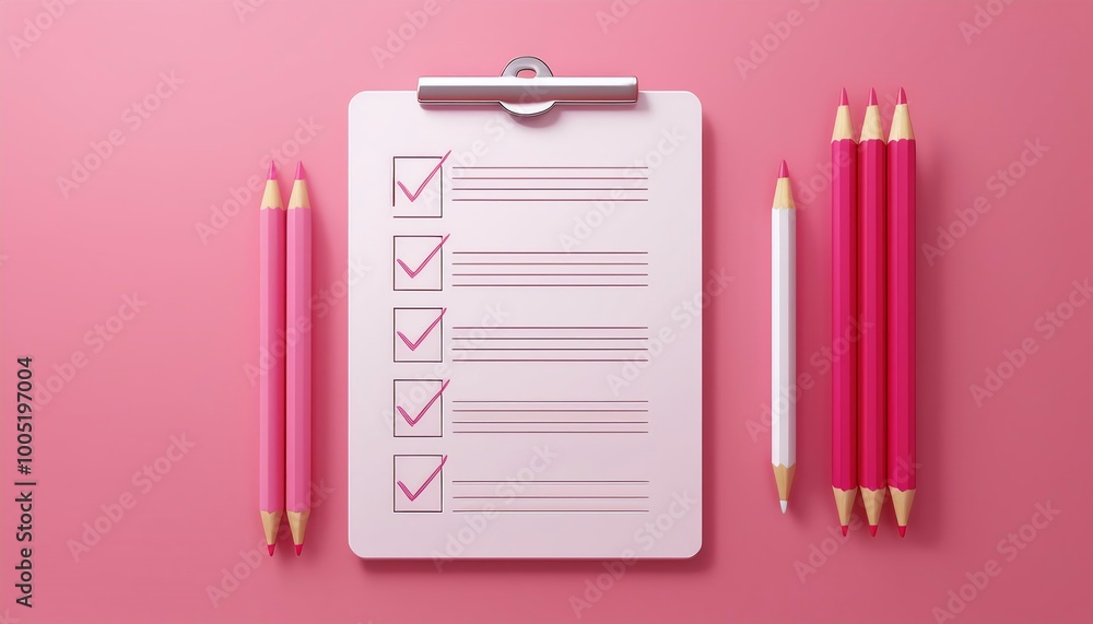 Poster a clipboard with a checklist and colorful pencils is placed on a pink background, creating a vibrant