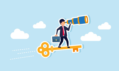 A businessman looking through a telescope while riding a golden key flying swiftly in the sky, an illustration of vision in identifying key success factors in business
