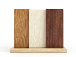 Naklejka premium Three wooden texture samples displayed on a wooden stand, perfect for design inspiration or material selection imagery.
