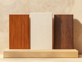 Three wooden texture samples displayed on a light wooden base, showcasing different shades and grains in a minimalist design.