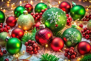 Vibrant red and green ornaments, sparkling snowflakes, and shimmering garlands adorn a festive holiday background, evoking a joyful and cozy winter wonderland atmosphere.