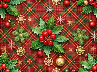 Vibrant red and green plaid patterned wallpaper adorned with festive holly, snowflakes, and sparkling ornaments creates a cozy and inviting holiday atmosphere.