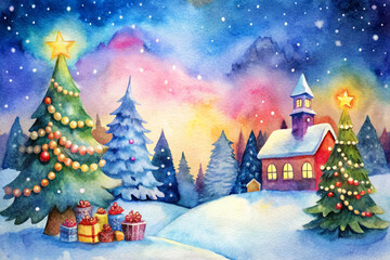 Fototapeta premium Watercolor Christmas Scene with Trees and Gifts