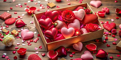Vibrant red and pink hearts of various shapes and sizes overflow from a delicate, ornate box, surrounded by soft, romantic lighting and scattered rose petals.