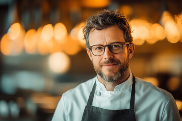 Fototapeta premium A smiling chef wearing glasses, standing in a warmly lit restaurant, evoking a professional yet approachable atmosphere.