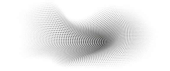 Flowing Wave Dot Halftone Pattern: Curve Gradient Shape on Transparent Background. Suitable for AI, Tech, Network, Digital, Science, and Technology Themes.