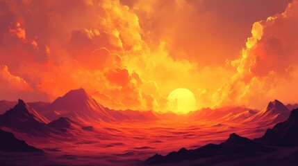 A vibrant sunset paints the sky with fiery hues, casting long shadows across a vast, desolate landscape.