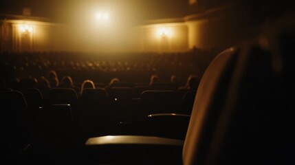 Vintage cinema theater with patrons seated and dim lighting, evoking a nostalgic and cozy atmosphere for film screenings.