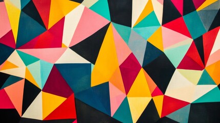A vibrant, colorful geometric abstract pattern with overlapping triangles in various shades of red, pink, yellow, blue, and green.
