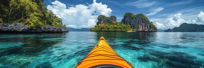 Kayak boat in tropical sea water with rocky mountain island