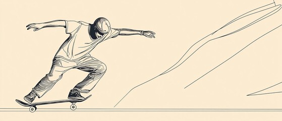 Line art illustration of a skateboarder performing a trick on a ramp.
