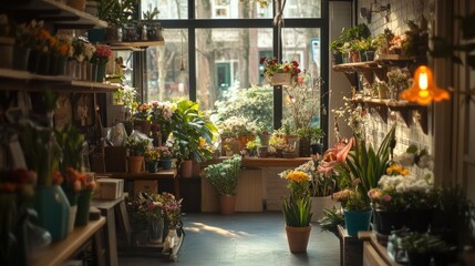 Fototapeta premium Cozy Bright Flower Shop Interior with Lush Plants