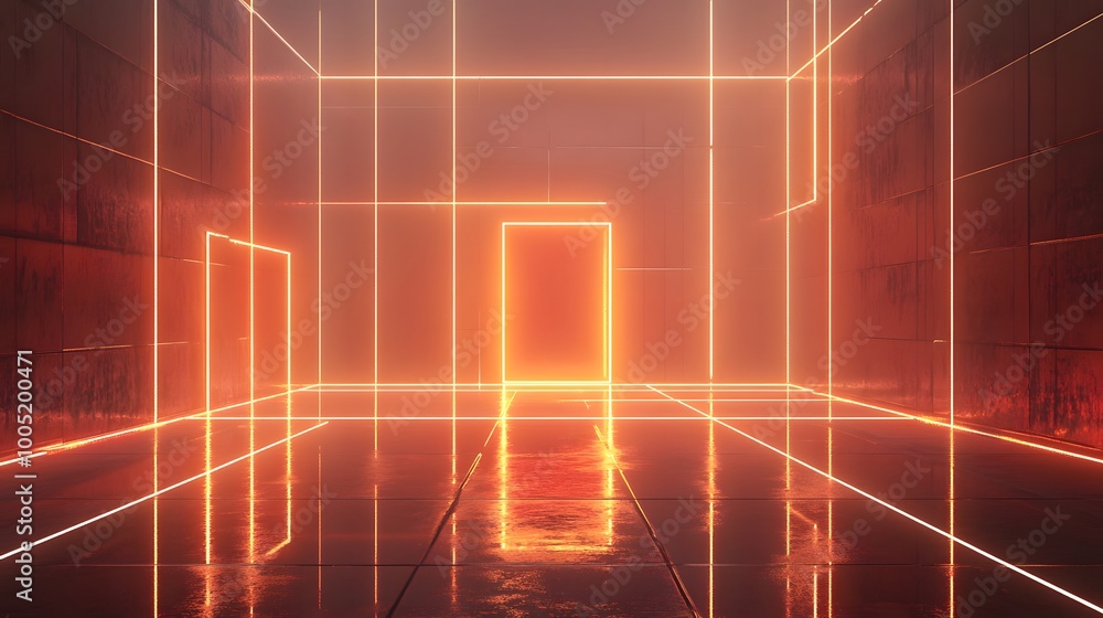 Poster a computer generated image of a floor with a red and blue color scheme. the image has a futuristic a