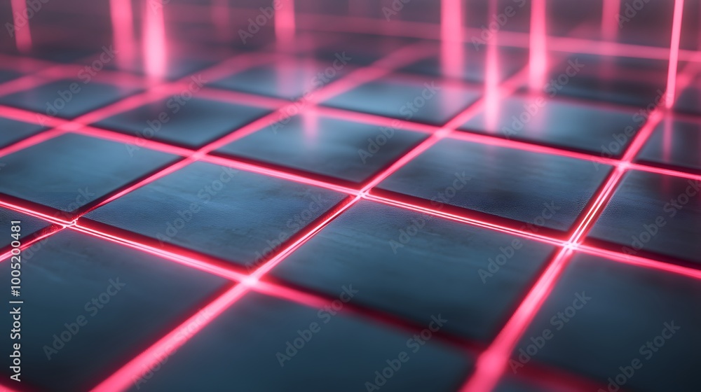 Poster a computer generated image of a floor with a red and blue color scheme. the image has a futuristic a