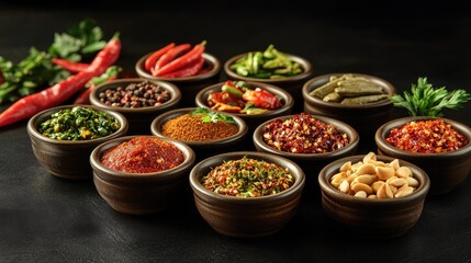 Fototapeta premium Colorful Spices and Condiments in Bowls on Black Surface