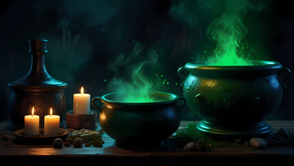 a detailed illustration of a witch's cauldron filled with boiling green liquid for Halloween Background