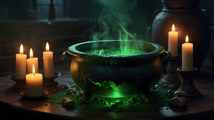 a detailed illustration of a witch's cauldron filled with boiling green liquid for Halloween Background