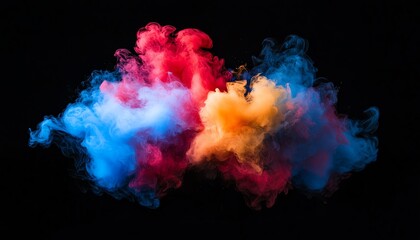 Fototapeta premium Vibrant smoke cloud in red, blue, and orange colors against a black background.
