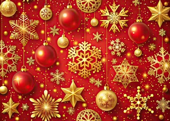 Vibrant red festive background with snowflakes, ornaments, and golden accents, evoking a sense of holiday cheer and warmth, ideal for seasonal designs and celebrations.
