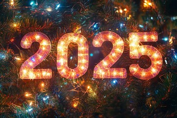 Brightly lit numbers 2025 surrounded by festive decorations on a Christmas tree during the holiday season. Generative AI