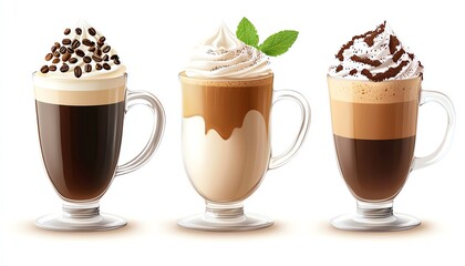 Three delicious coffee beverages with whipped cream and chocolate toppings.