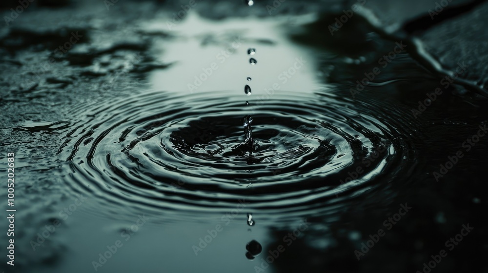 Poster raindrops falling into puddle creating ripples