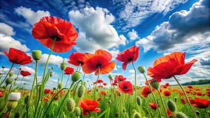 Fototapeta premium Vibrant red poppy flowers with delicate petals and golden centers sway gently in a lush green meadow against a bright blue sky with fluffy white clouds.