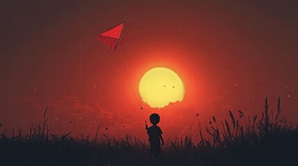 Child Flying Kite at Sunset in Silhouette