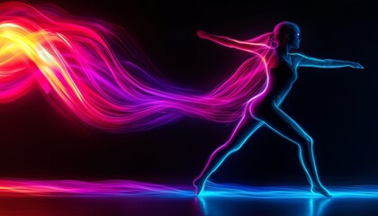 Dynamic silhouette of a dancer with colorful light trails in a dark background.