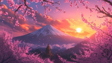 Serene Sunset Over Cherry Blossoms and Mountain