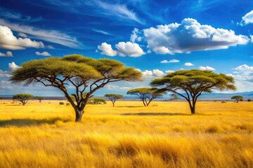 Fototapeta premium Vibrant savannah landscape with acacia trees, yellow grass, and vast blue sky, perfect for adding African wildlife or adventurous elements to your design.