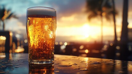 Refreshing Beer Glass at Sunset with Water Droplets