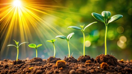 Vibrant stages of plant growth unfold in a stunning macro composition, showcasing seed germination, sprouting, blooming, and flourishing, set against a soft, earthy background.