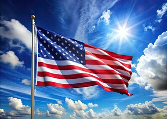 Obraz premium Vibrant stars and stripes of the American flag wave proudly in the breeze, set against a brilliant blue sky with wispy white clouds.