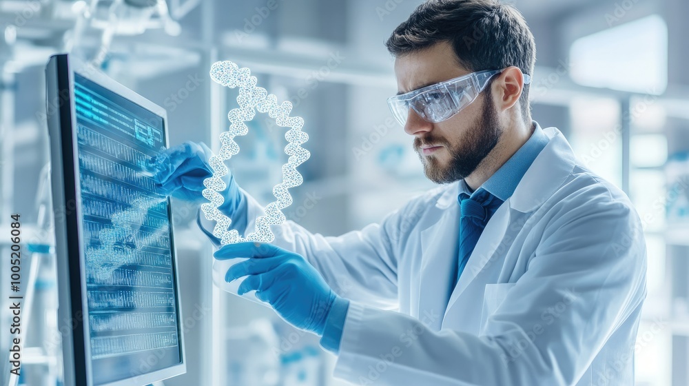 Poster Technician Analyzing DNA Model in Laboratory Setting