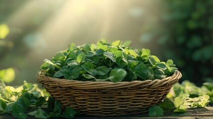 Naklejka premium Fresh Sorrel Leaves in a Woven Basket