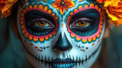 Closeup of a model s face in Day of the Dead makeup, with symmetrical patterns and colorful cosmetics highlighting the sugar skull design