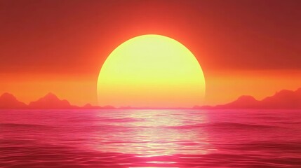 A vibrant, colorful sunset over a calm ocean with distant mountains silhouetted against the fiery sky.