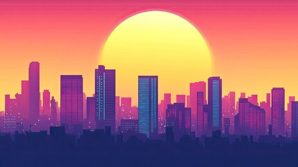 Obraz premium A vibrant, stylized sunset over a city skyline with tall buildings and a large sun.
