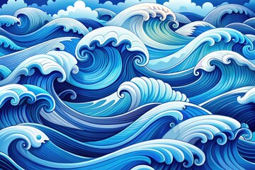 Vibrant, stylized illustration of undulating waves in shades of blue and white, with exaggerated curves and playful movement, evoking a sense of fun and energy.